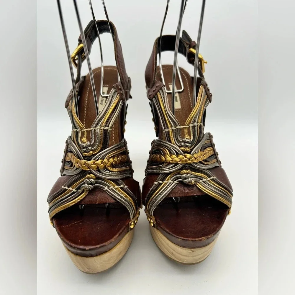 Miu Miu 36 Heel Sling Clog Wedge Platform Stud Brown Leather Wood Y2k boho tall